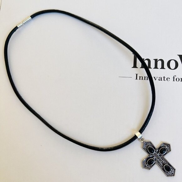 925 Sterling Silver Cross Black ONYX Necklace Leather Gemstone Unisex jewelry - Picture 6 of 16